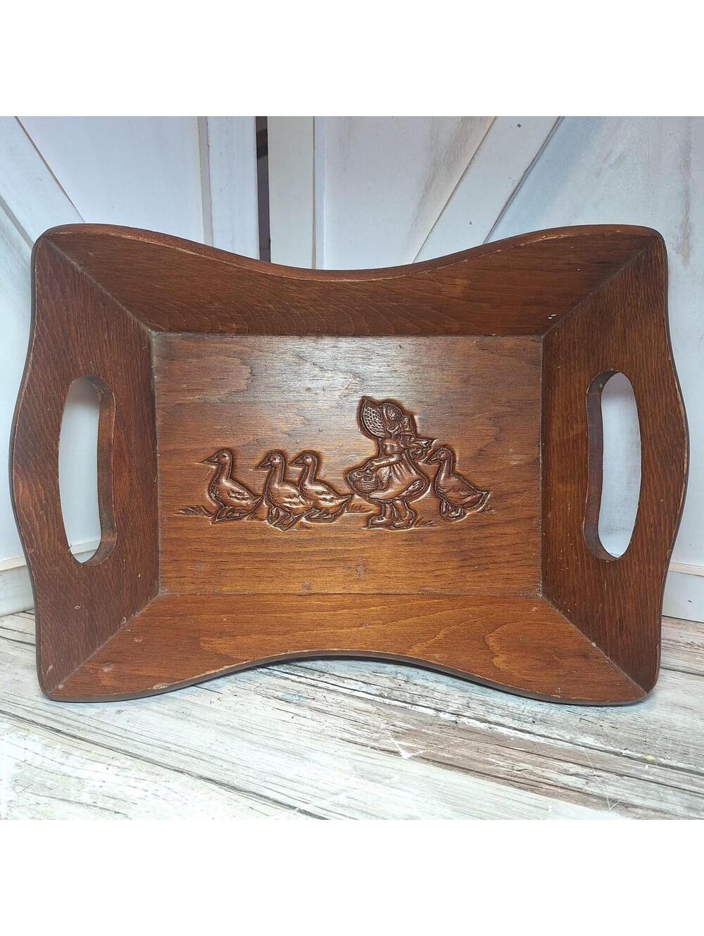 Vintage Wooden Tray With Handles Girl In Bonnet With Ducks Embossed Design